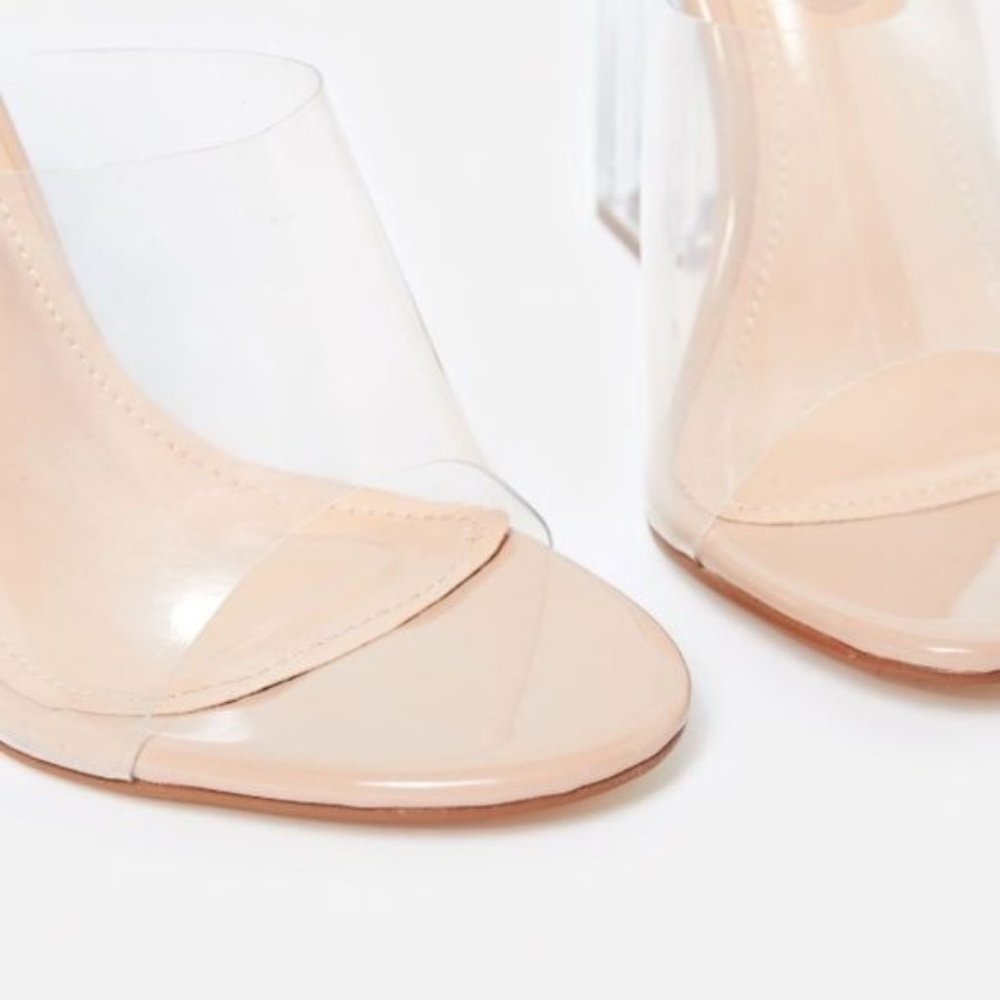 !! RESTOCKED !! Transparent Peep Toe Block Mule Heels in Nude - Picture 2 of 10